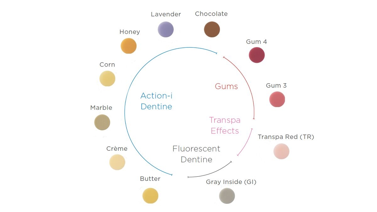 Kiss veneers materials Action-i-Dentine Color Wheel