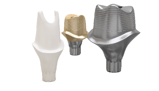 Atlantis abutments in titanium, gold-shaded titanium and Zirconia