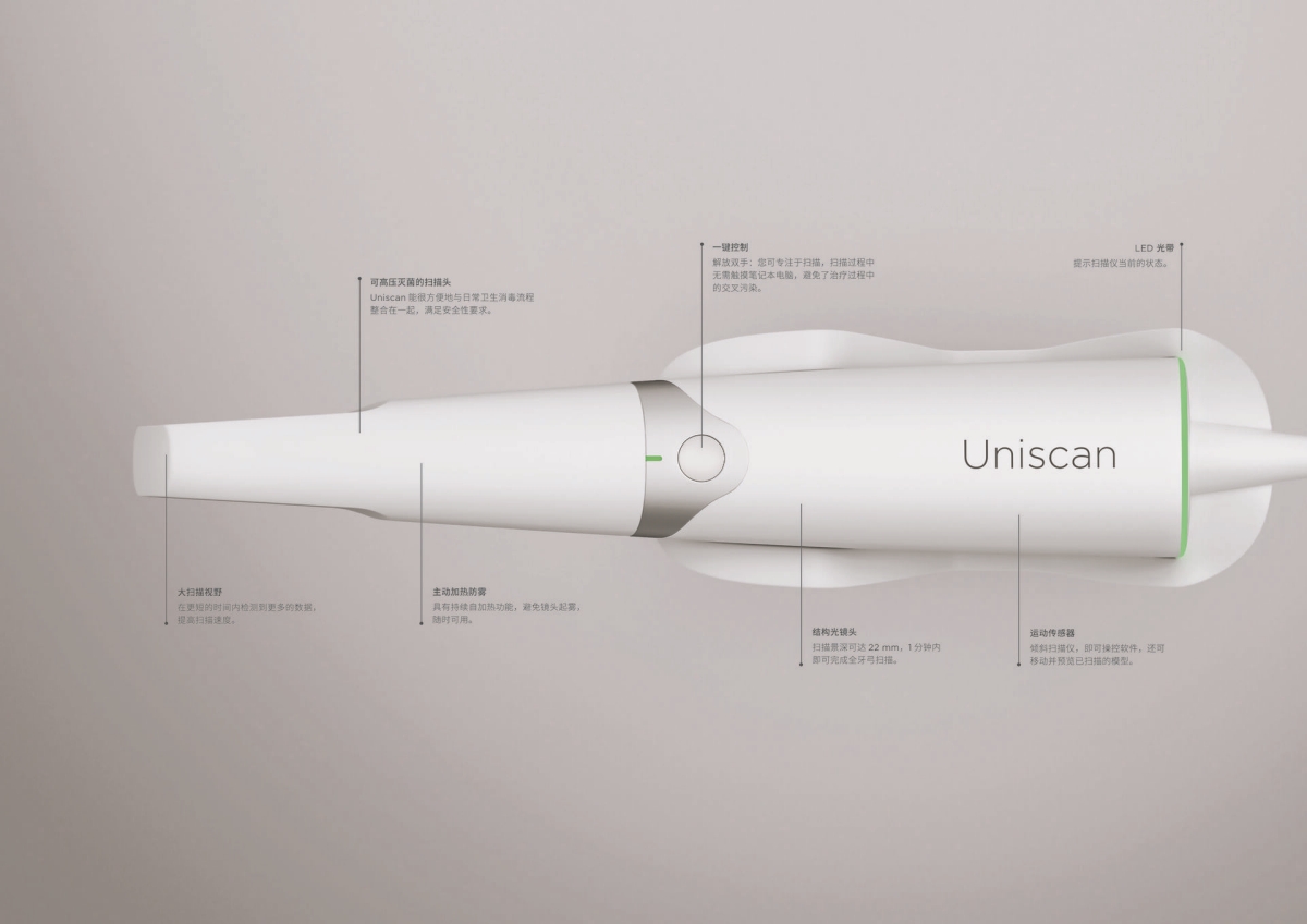 Uniscan: Large field of view, autoclavable sleeve, active heating, motion sensor, one-button control, scan depth